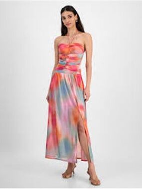 Bar III Strapless Watercolor Maxi Dress in Pink, Orange & Blue